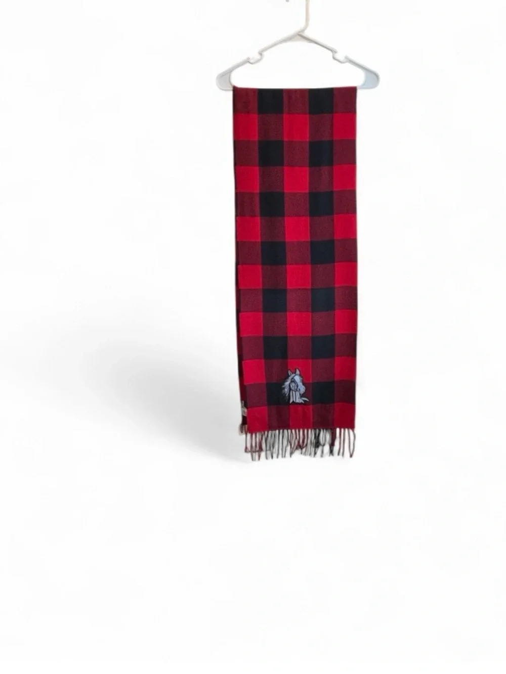 Old Navy Red and Black Plaid Wool-Blend Fringe Scarf